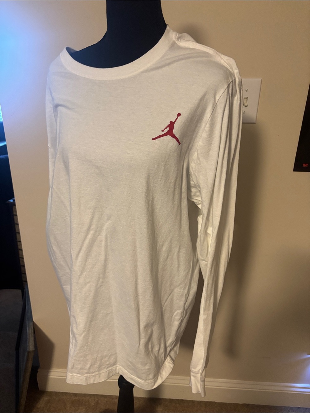 Jordan White Long-Sleeve Crewneck with Small Red Jumpman
